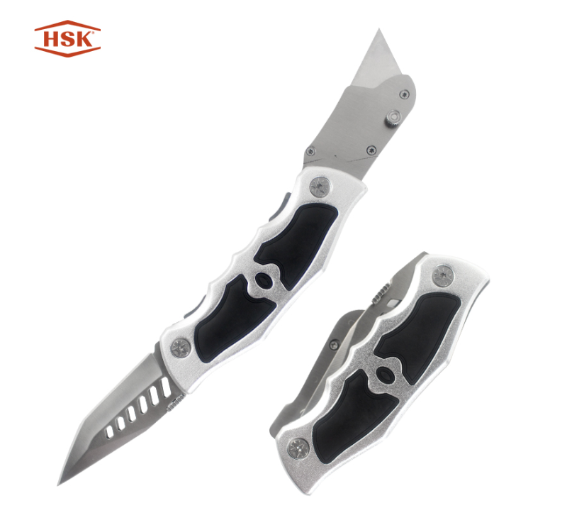 سكين K111 برأس مزدوج قابل للطي باللون الفضي والأسود، قاطع EDC ذو شفرة شديدة التحمل وقابلة للاستبدال