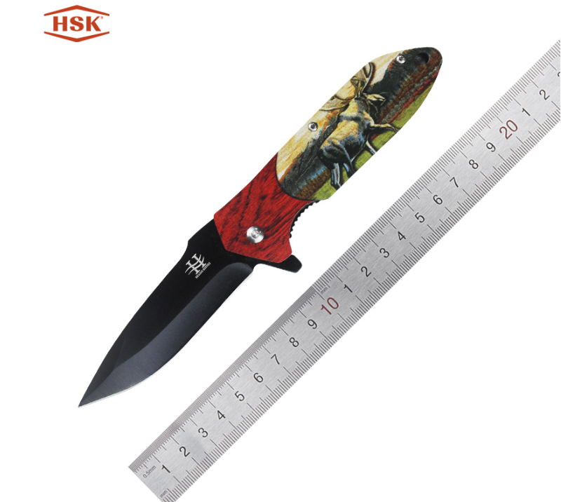 سكين TPK-18 قابل للطي للاستخدام الخارجي بنمط الغزلان، شفرة سوداء تكتيكية من الفولاذ المقاوم للصدأ مع