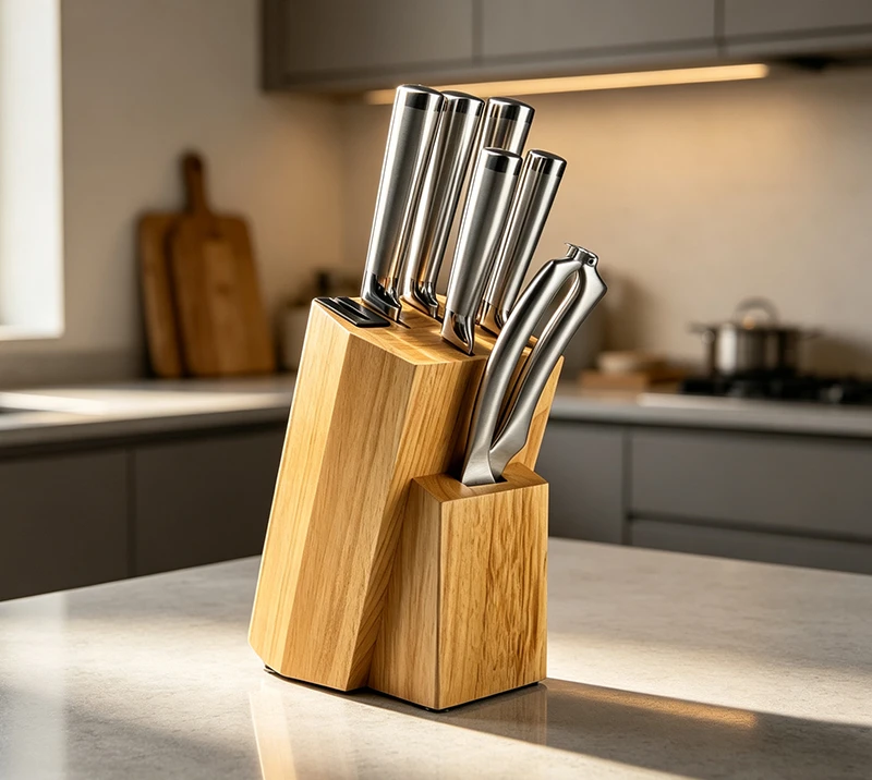 D-D007A 8PCS Stainless Steel Kitchen Knife Set with Wooden Block & Build-in Sharpener