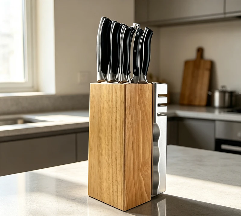 D-D003B- 8PCS ABS Handle Kitchen Knife Set with Wood Block & Built-in Sharpener