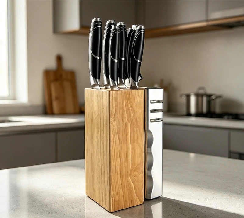 D-D002B 8PCS Premium Kitchen Knife Set with Wooden Block & Built-in Knife Sharpener for Home Cooking